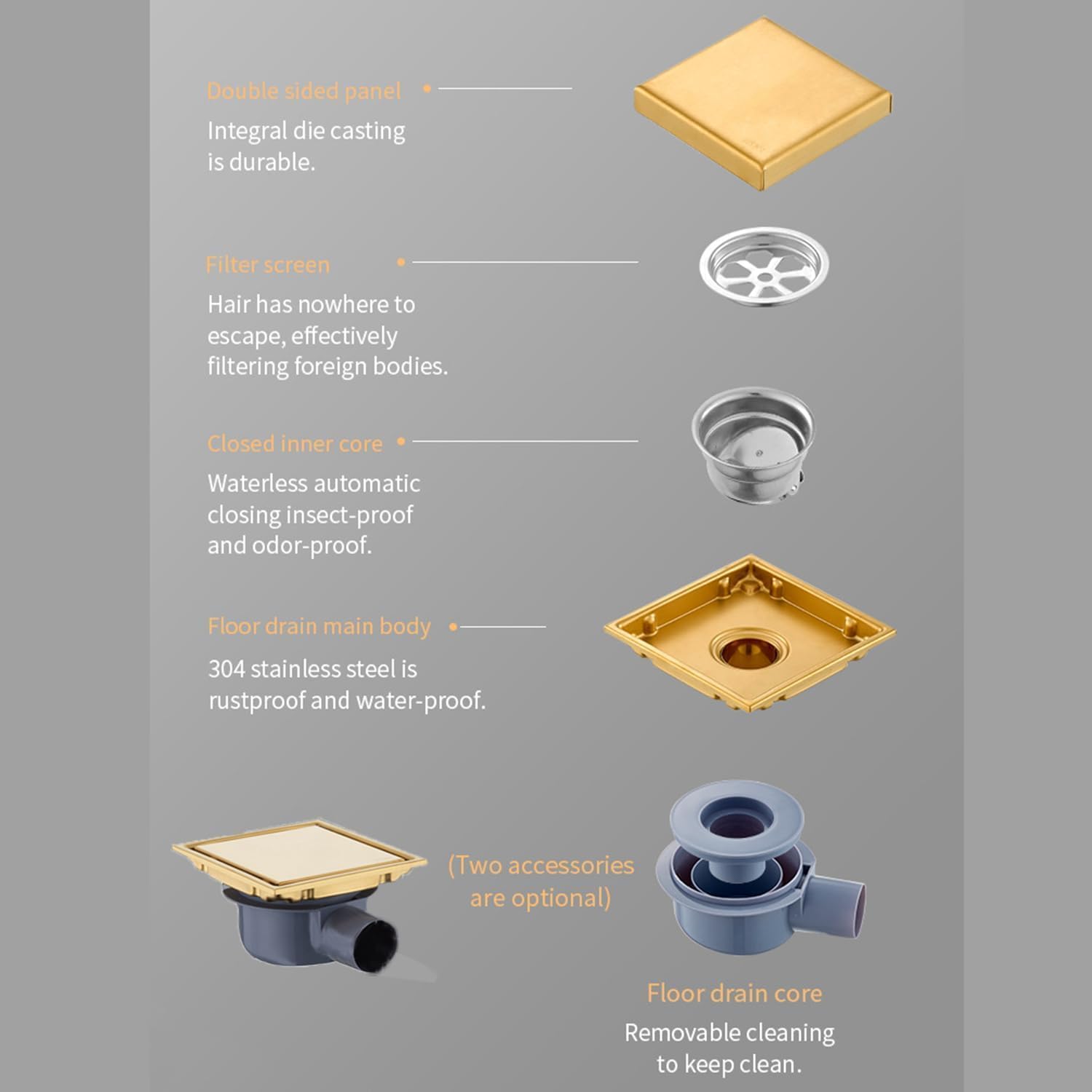 Canalina per doccia quadrata 15 x 15 cm,Piletta Doccia a Pavimento,Oro Scarico Pavimento Doccia,Con Sifone Antiodore a 360°,Filtro Antiodore e Filtro Per Capelli,Per Bagni,Cantine,Interni Ed Esterni