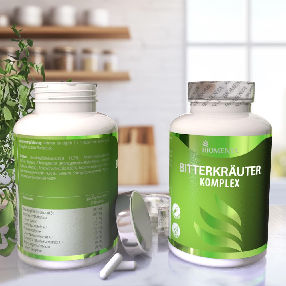 BIOMENTA Bitterkräuter Komplex - 185 hochdosierte, synergetisch zusammengestellte Bitterstoffe Kapseln mit 7 Bitterkomplex - ohne Alkohol + vegan - Premiumqualität