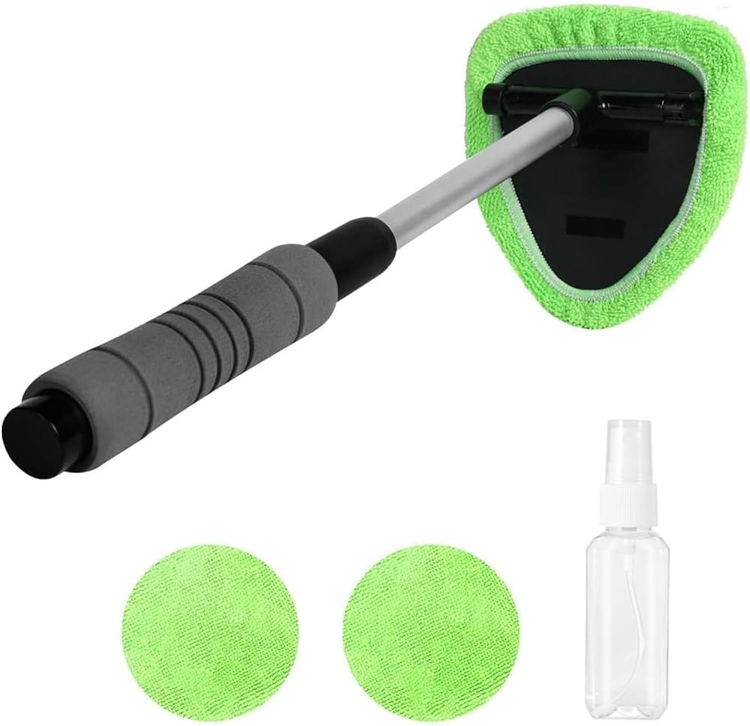 Windshield Cleaner, 24in Car Window Cleaning Tool Kit with 3 Microfiber Bonnets and Spray Bottle, Extendable Interior Windshield Washer Brush with Long Handle, Essential Auto Vehicle Truck Accessories