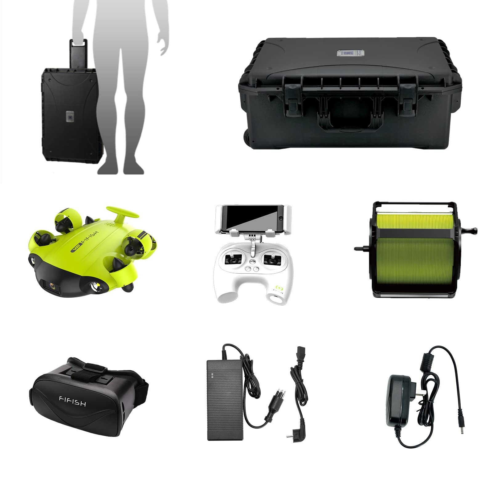 FIFISH V6 Unterwasser Drohne, QYSEA Unterwasser Drone mit Industrie-Gehäuse, 4K Kamera, AI-Vision-Sperre, 360 ° Omnidirektionale Bewegung, VR-Steuerung, ROV mit Tiefe halten, Haltungssperre(100M)
