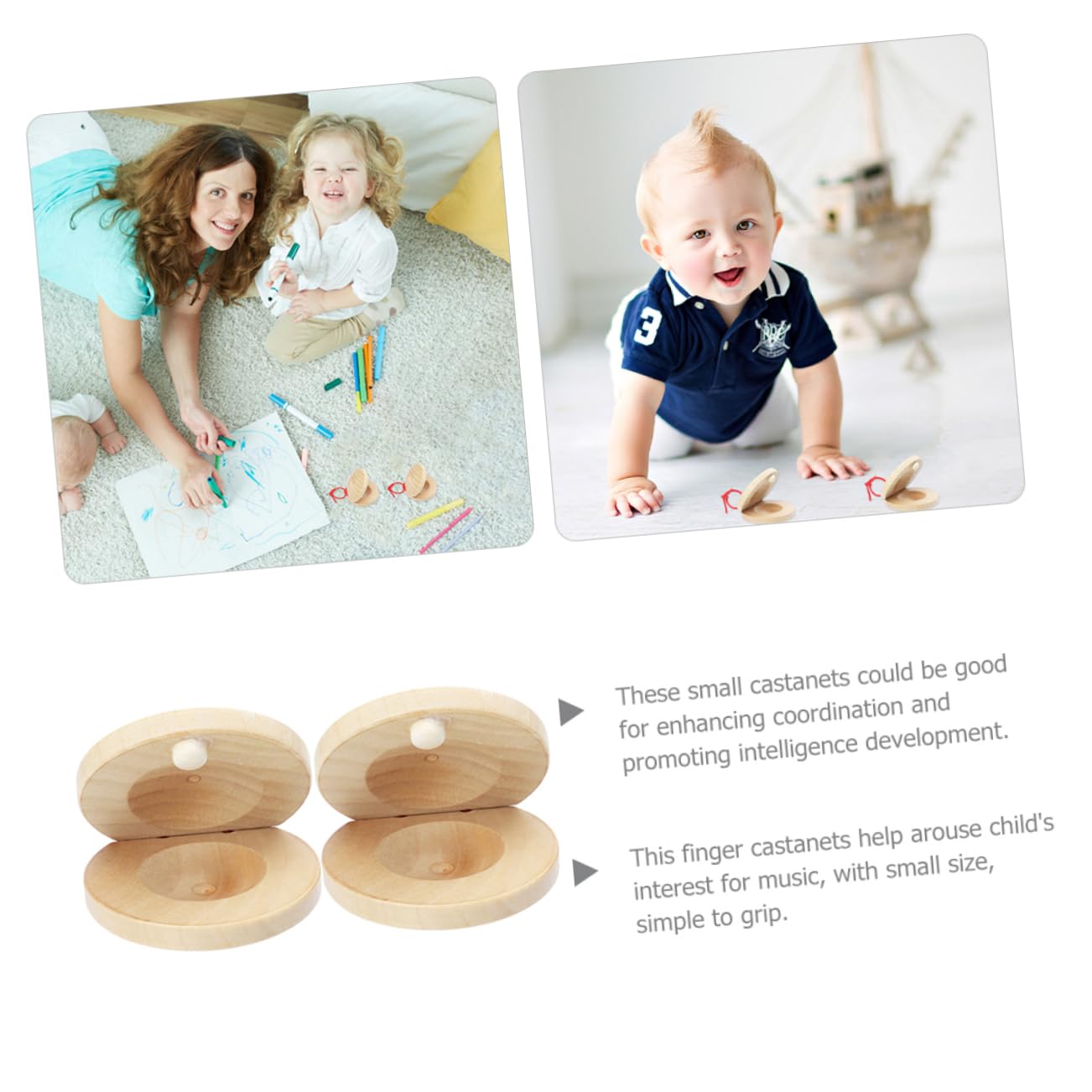 KONTONTY 2pcs Small Wooden Castanets Finger Percussion Instruments for Beginners Music Rhythm for Coordination Intelligence Development