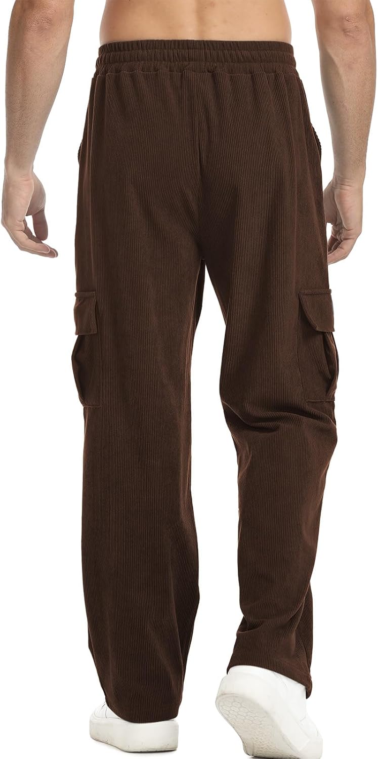 Suwangi Men's Baggy Cargo Corduroy Pants Casual Drawstring Elastic Waist Straight Leg Vintage Sweatpants for Men with Pockets - Image 2