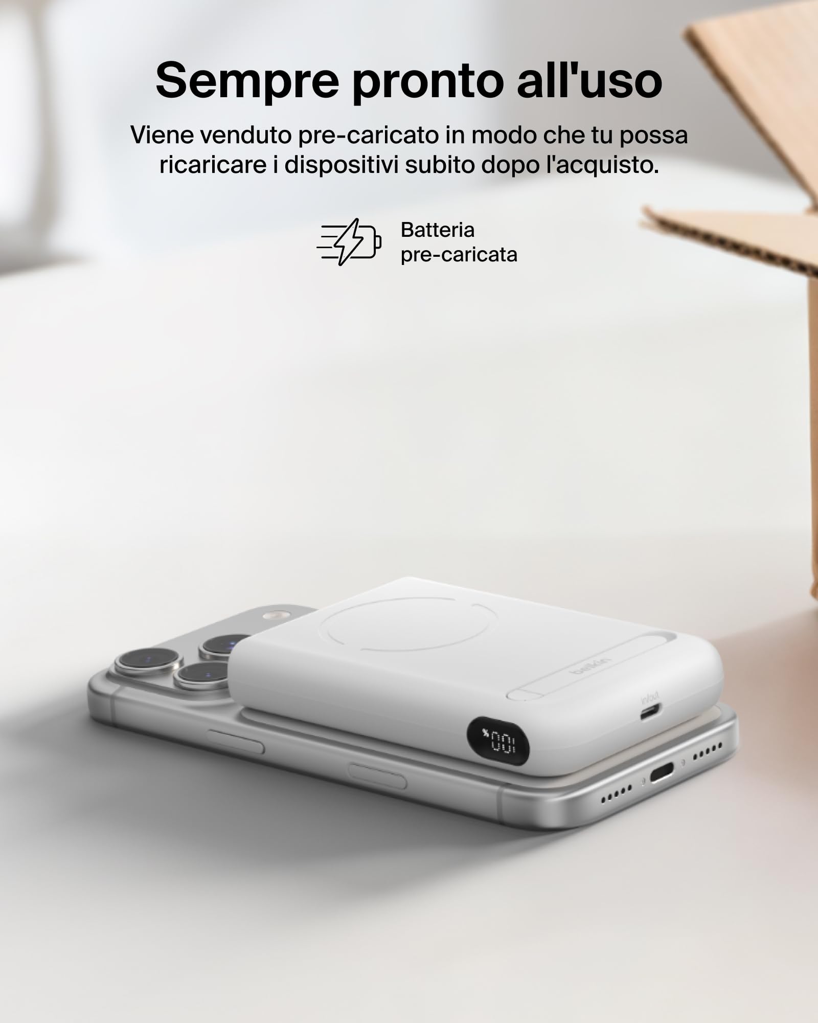 Belkin BoostCharge Power Bank Magnetico 5000mAh con Supporto - Bianco | Caricatore Portatile 5000mAh Wireless, Anello Magnetico, Porta USB-C, Pre-Caricato, Cavo Incluso, Sicuro per l'Aereo