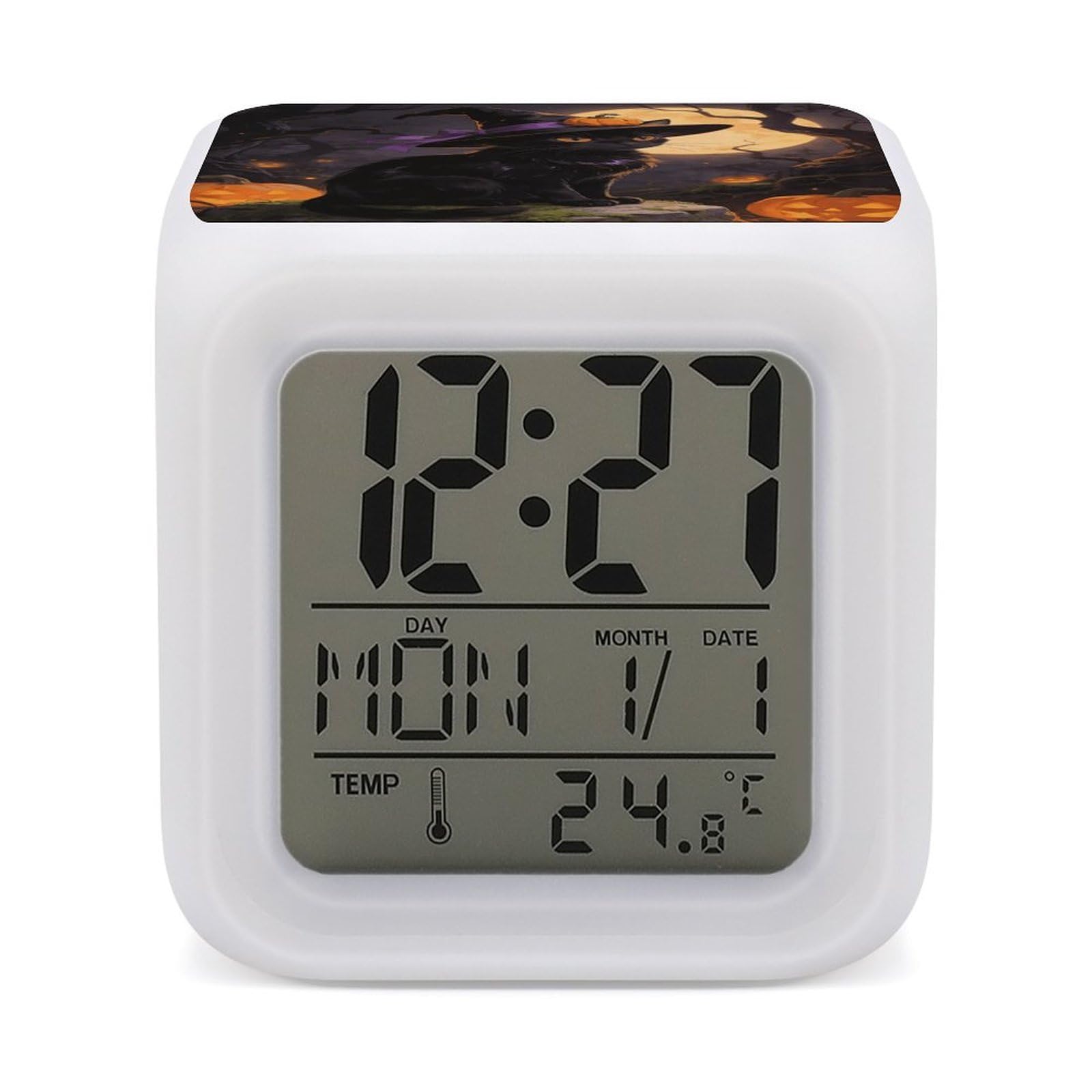 LZQPOEAS Moonlit Witch Cat Alarm Clock with 7 Color Changing Nightlight for Bedroom Calendar Temperature Display Wake Up Digital Clock Small Desk Clocks for Heavy Sleepers Adults