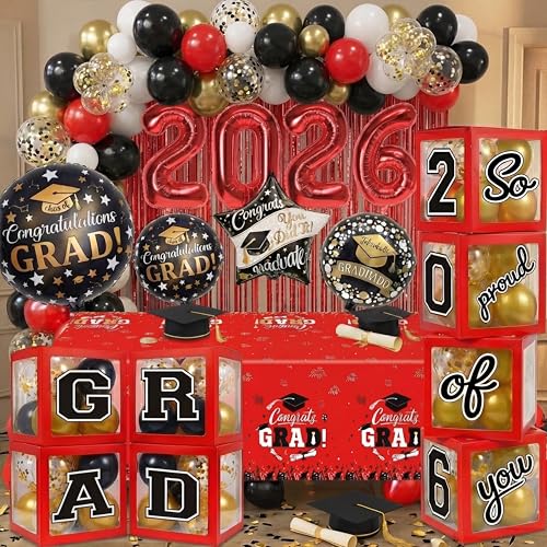 Image of Black and Red Graduation Decorations Class of 2026 - Graduation Balloon Boxes, Balloon Arch Garland Kit, Fringe Curtains, Party Decorations 2026 for Any Grades