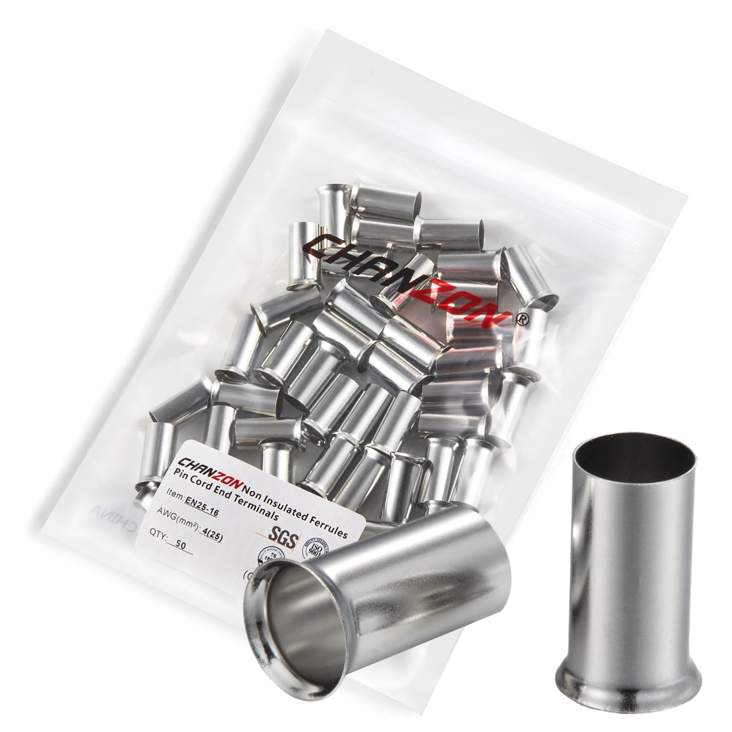 Chanzon 50pcs EN25-16 Non Insulated Wire Ferrules for 4AWG(25mm²) Cable Pure Copper Electrical Crimp Connector Terminal Tin Coating Tube