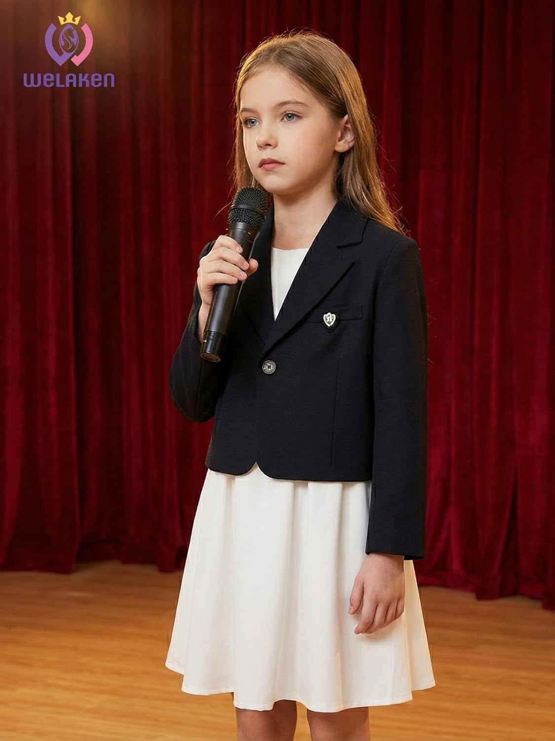 WELAKEN Girls Blazer Jacket – Classic Tailored Suit Coat with Soft Lining, Long Sleeve Formal Outerwear
