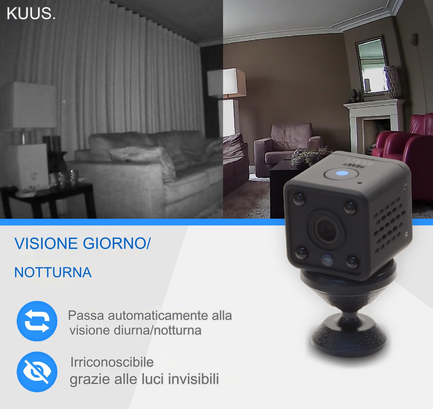 KUUS C2 Mini Telecamera Spia WiFi 3,2cm Full HD 1080P App, Telecamera Nascosta Microcamera Spia, Mini Telecamera Spia Nascosta, Visione Notturna, SD 32 GB, ONVIF Class U3 ISO Discreta Anonimo Pack