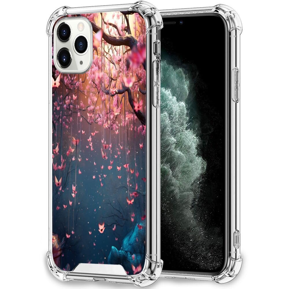Case for iPhone 11 Pro Max with Peach Blossom Designer Art097 Pattern Clear Frame Slim Transparent Soft TPU Shock-Proof Four Corners Reinforced Mobile Phone Case