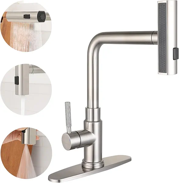Deseegoal Waterfall Kitchen Faucets with Pull Down Sprayer, Three Function Sprayer Single Handle Sink Faucet 1 or 3 Hole Installation, 360°Rotatable Kitchen Sink Faucet, Brushed Nickel