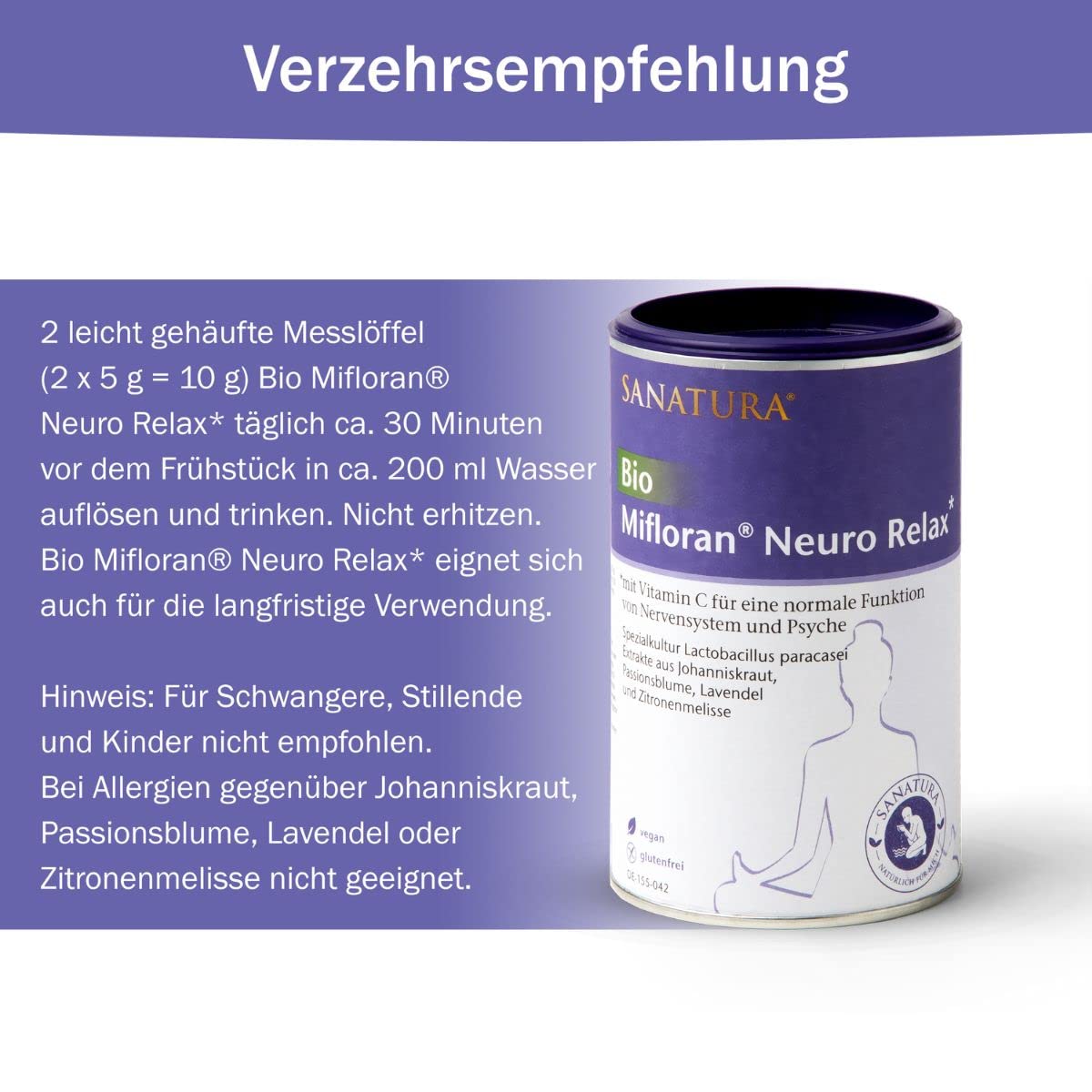 Sanatura Bio Mifloran Neuro Relax - Darm-Hirn-Balance, für Psyche & Nerven - u.a. mit Lactobacillus paracasei, Johanniskraut Extrakt, Passionsblume für mehr Entspannung