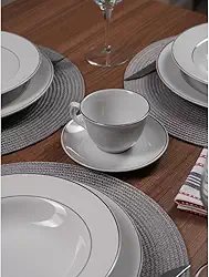 APARELHO DE JANTAR ESTALEIRO EM PORCELANA BRANCA E BORDA PRATEADA - 20 PEÇAS