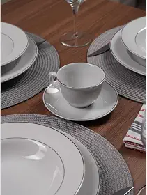 APARELHO DE JANTAR ESTALEIRO EM PORCELANA BRANCA E BORDA PRATEADA - 20 PEÇAS