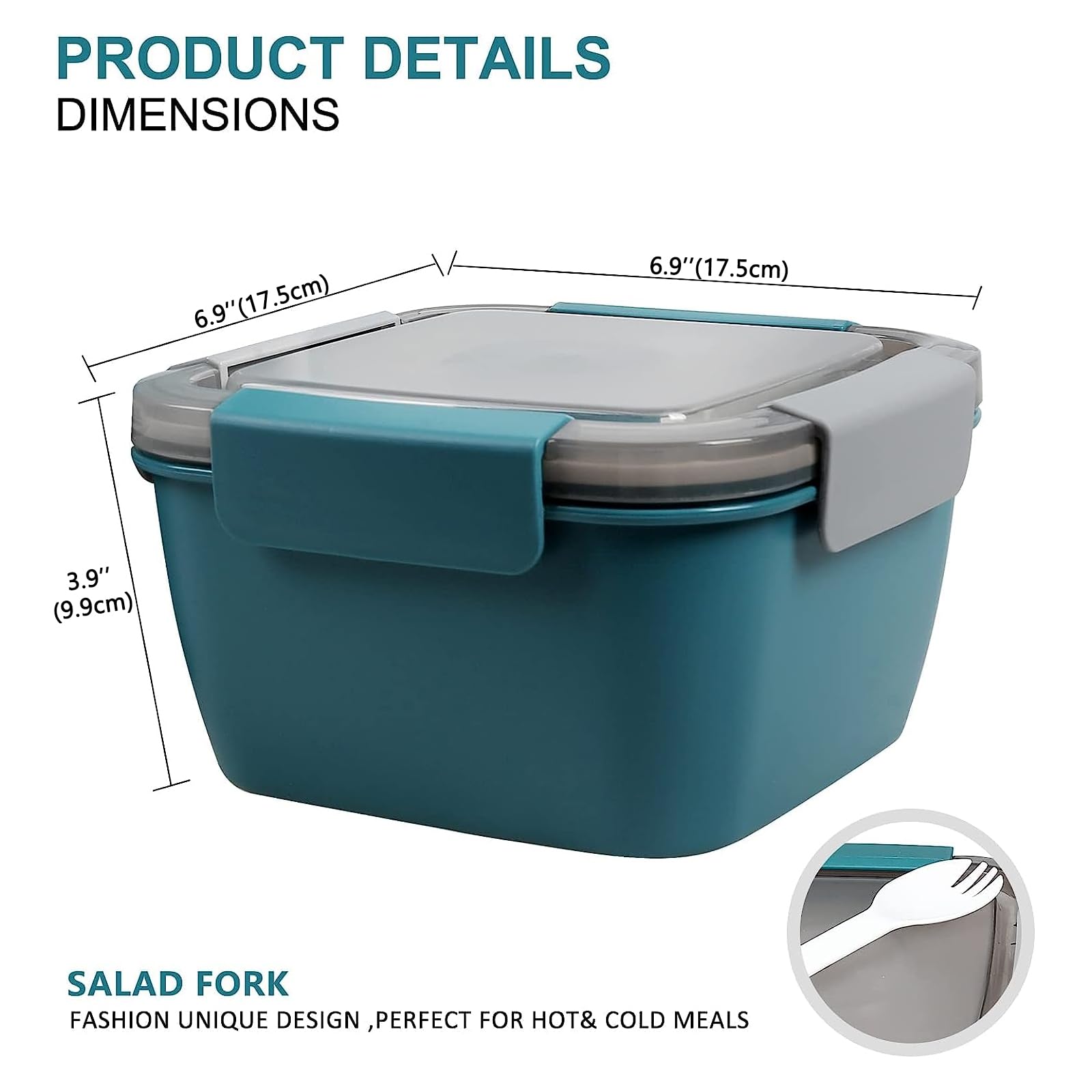 Greentainer Contenitore per insalata da 150 ml, senza BPA, 3 scomparti per condimenti e snack, cucchiaio riutilizzabile integrato, adatto al microonde (blu scuro)