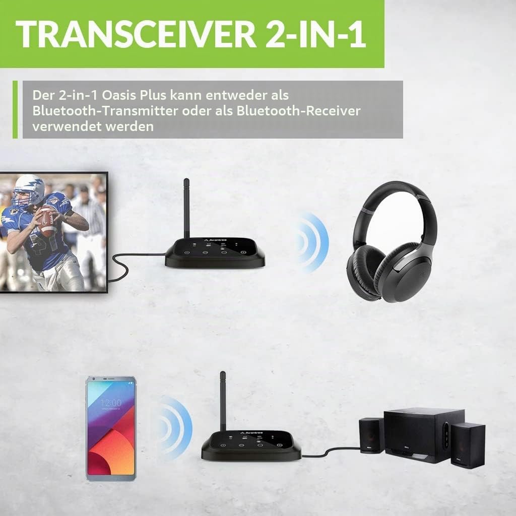 Avantree Oasis Plus aptX HD Low Latency Bluetooth 5.0 Transmitter Sender Empfänger für TV, Drahtloser Audioadapter für Kopfhörer, Bypass-Unterstützung, Große Reichweite, Touchscreen, Sprachanleitung