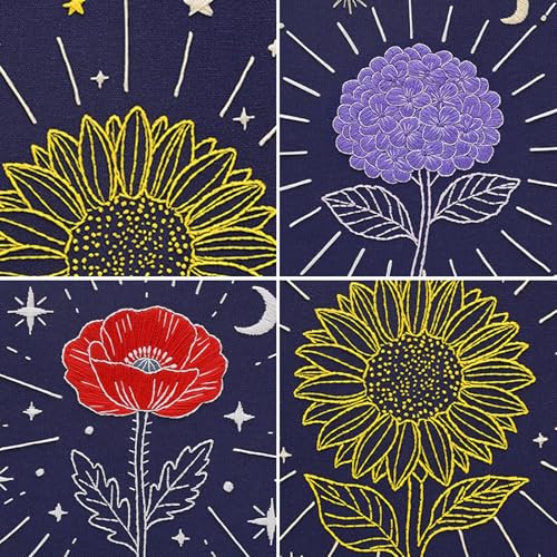 Image of Louise Maelys 3 Pcs Tarot Moon Star Embroidery Kit for Beginners, Celestial Flower Sunflower Poppy Hydrangea Needlework DIY Craft for Adults with Hoop, Printed Fabric and Instruction