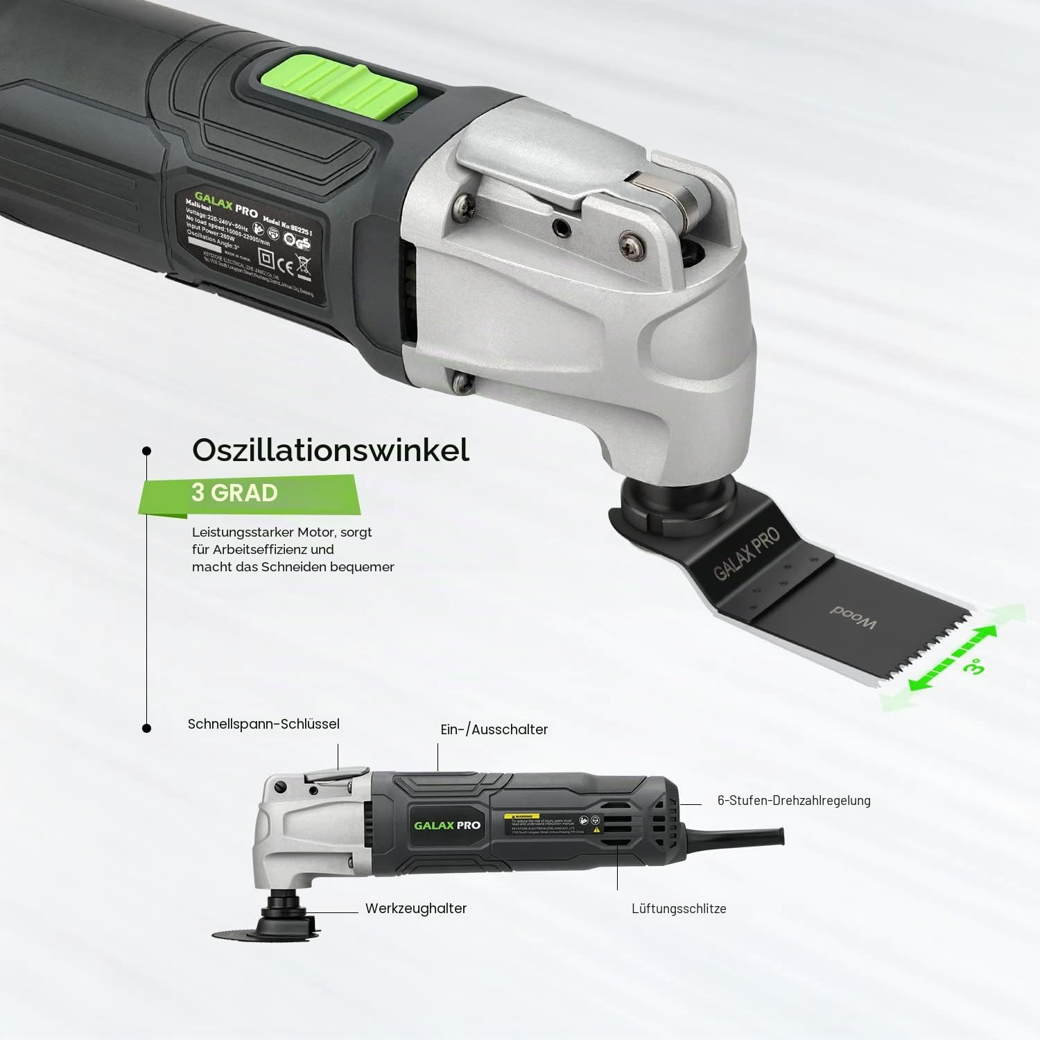 GALAX PRO Oszillierende Werkzeuge, 6 variable Geschwindigkeiten, 15000-22000RPM Multifunktionswerkzeug, 260W, 40-teilig, Zubehör mit Schnellspanner Multifunktionsklingen mit Tragetasche