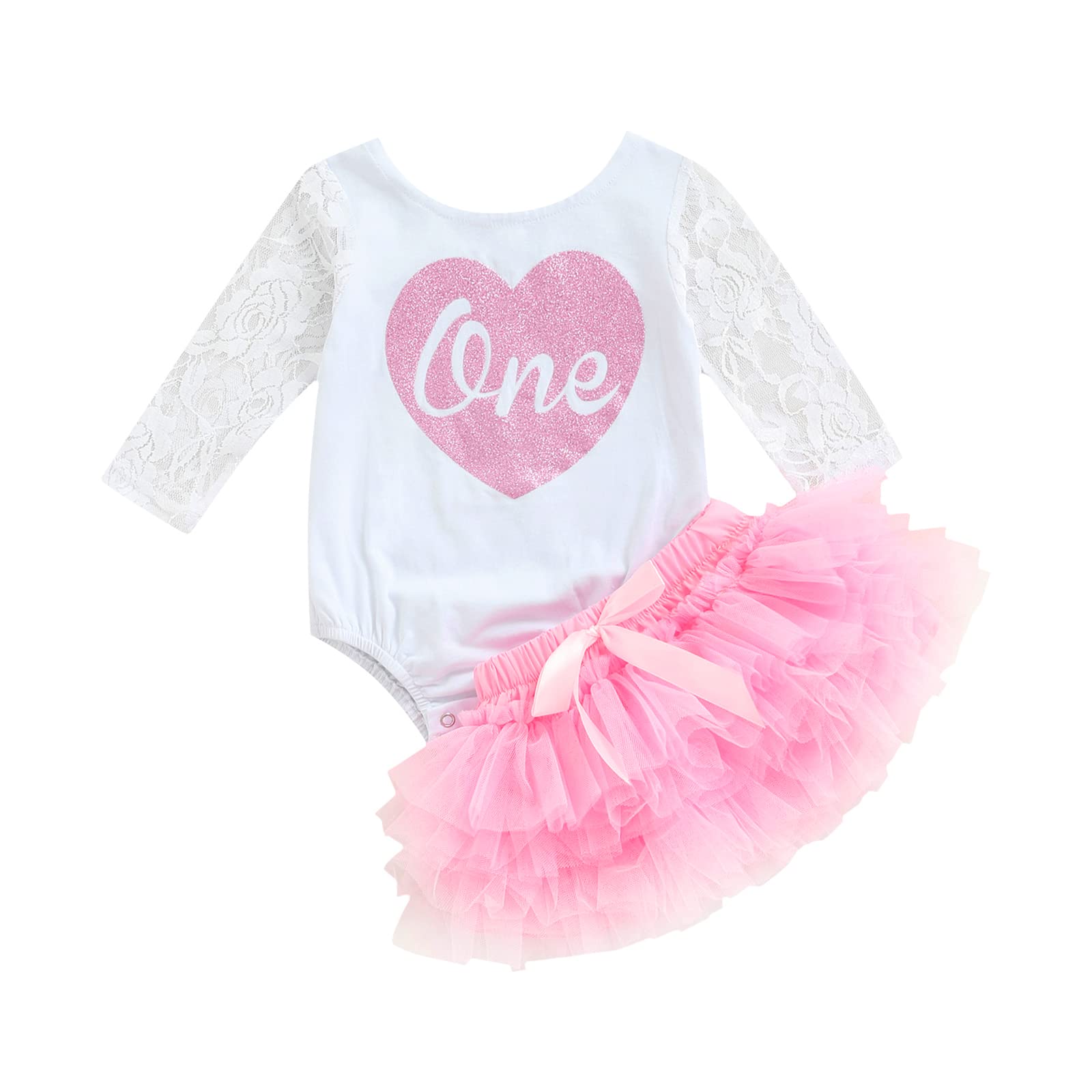 GOOCHEERBaby Girl My 1st Birthday Cake Smash Outfits Heart Lace Long Sleeve Romper Tops Tulle Tutu Skirt Set Valentines Day Clothes