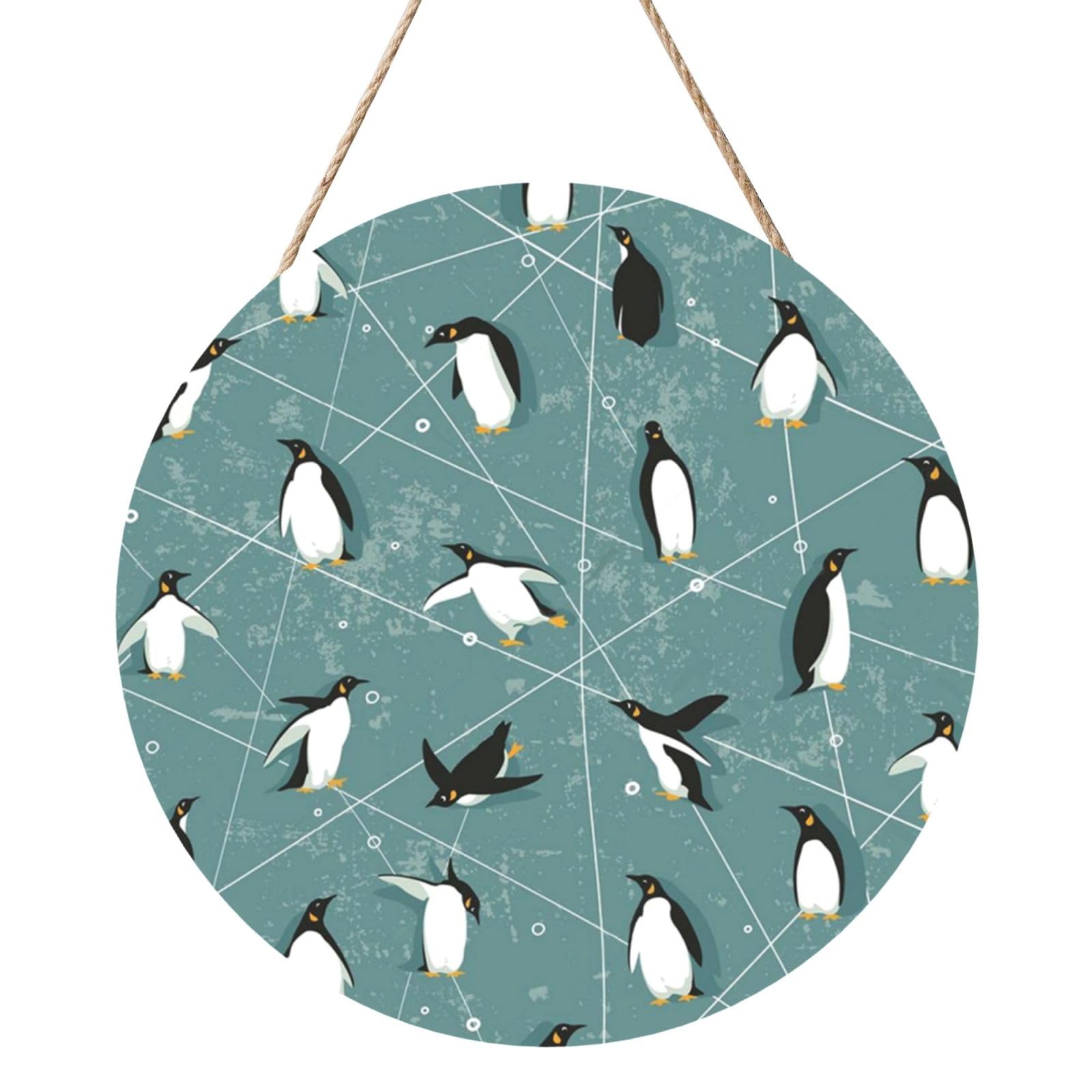 InOmak Penguins Pattern, Round Wood Panel Painting 12 in, Wall Hanging Painting For Home