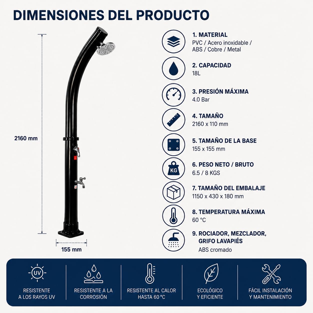 Ducha Solar Exterior 18 L jardín y Piscina con Mezclador y Grifo lavapiés – Depósito PVC Acero Inoxidable, Temperatura 60 °C, 216 cm, Base compacta, sin Electricidad