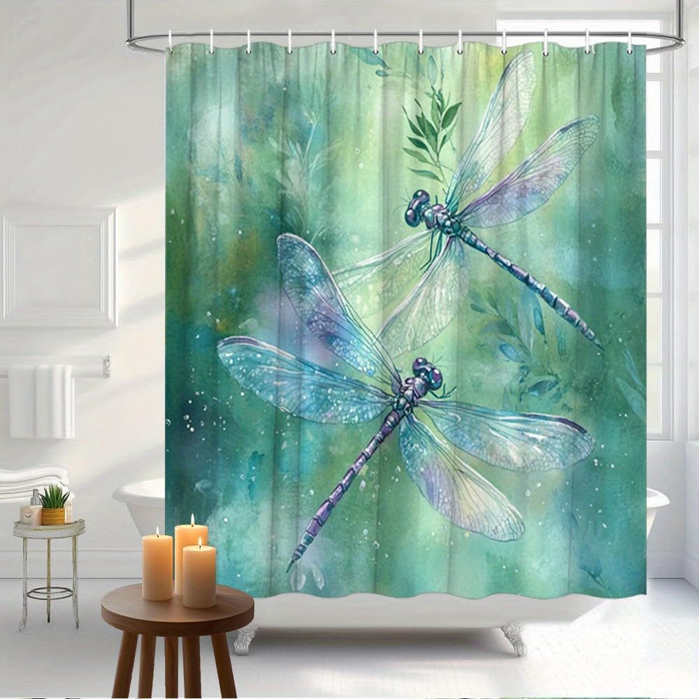 GLWDMB 1 Piece 150x180CM Dreamy Dragonflies in Blue and Green Printed Shower Curtain With Hook, Polyester, for Windows And Walls, Bathtub, Bathroom, Machine Washable, All Season Universal