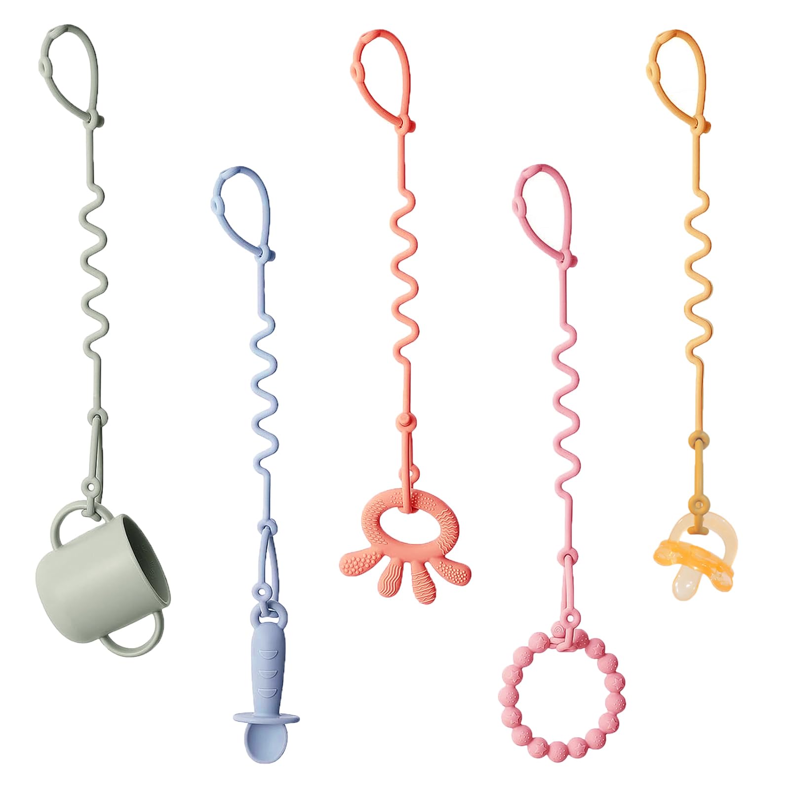 Silicone Toy Straps for Baby Stroller - 5 Pack Adjustable Toy Safety Straps for Baby Pacifier Teether - Sippy Cup Straps for Strollers, High Chair, Cribs, Car Seat, Bags - BPA Free, Multi Colors