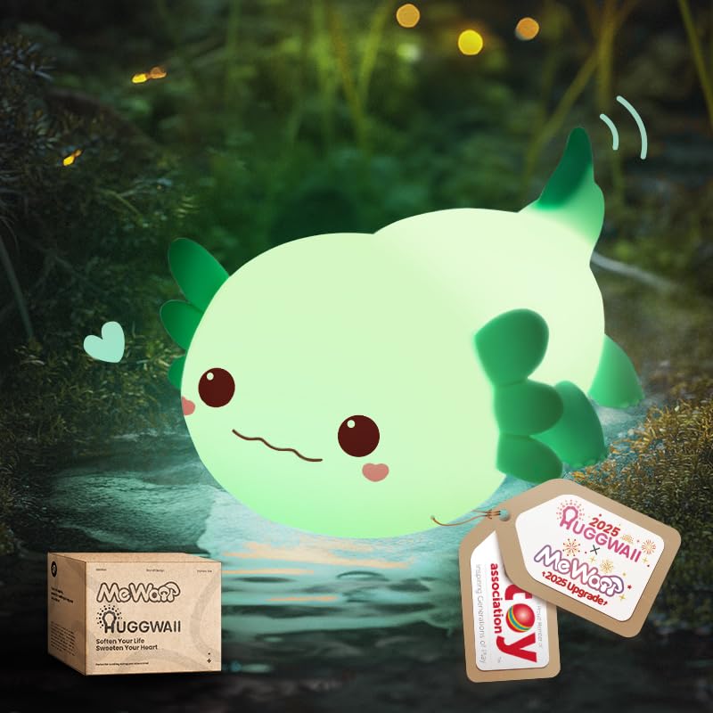 Image of Mewaii Huggwaii Squishy Axolotl Night Light for Kids – Dimmable Silicone Axolotl Lamp, 2025 Upgraded Design, 20H Battery Life Rechargeable Lamp,Safe Sleep Aid Gift for Toddlers, Girls&Baby Room Decor