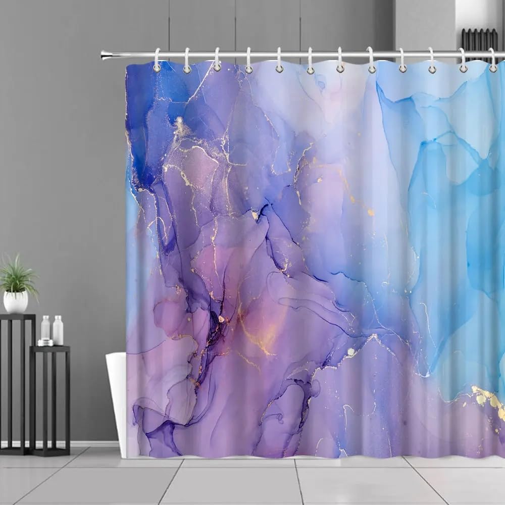 Genérico Cortina de Ducha 180X200 con Estampado de Mármol Morado,Azul y Dorado. Diseño Moderno de Lujo con Tinta Abstracta y Ganchos. Impermeable y de Secado Rápido.