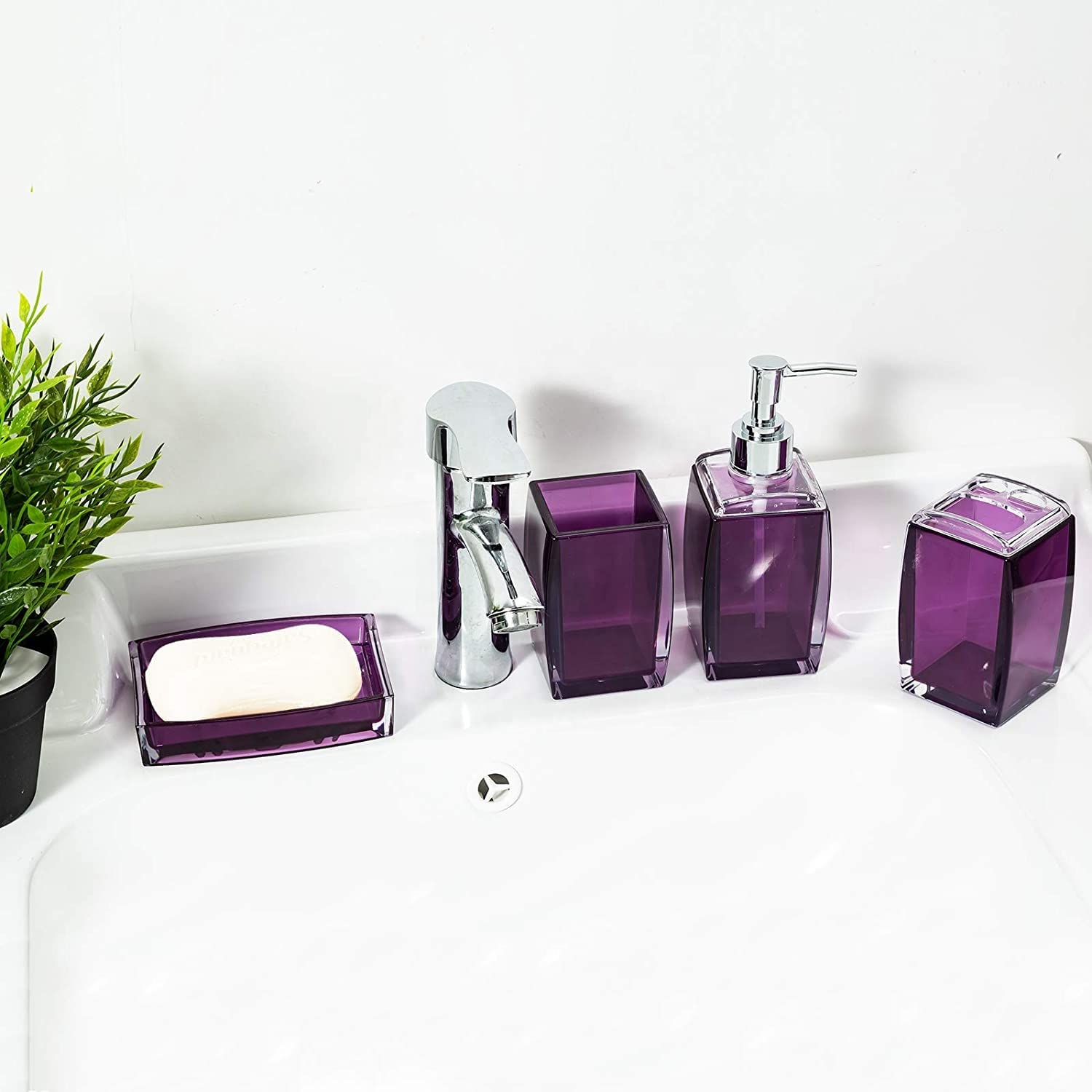 5-teiliges Badezimmerzubehör-Set aus Kunstharz/Acryl, Lotion/Seifenspender, Seifenschale, Zahnbürstenhalter, Becher, WC-Bürste und Halter, modernes Badezimmer-Dekor und Geschenk-Set, Violett