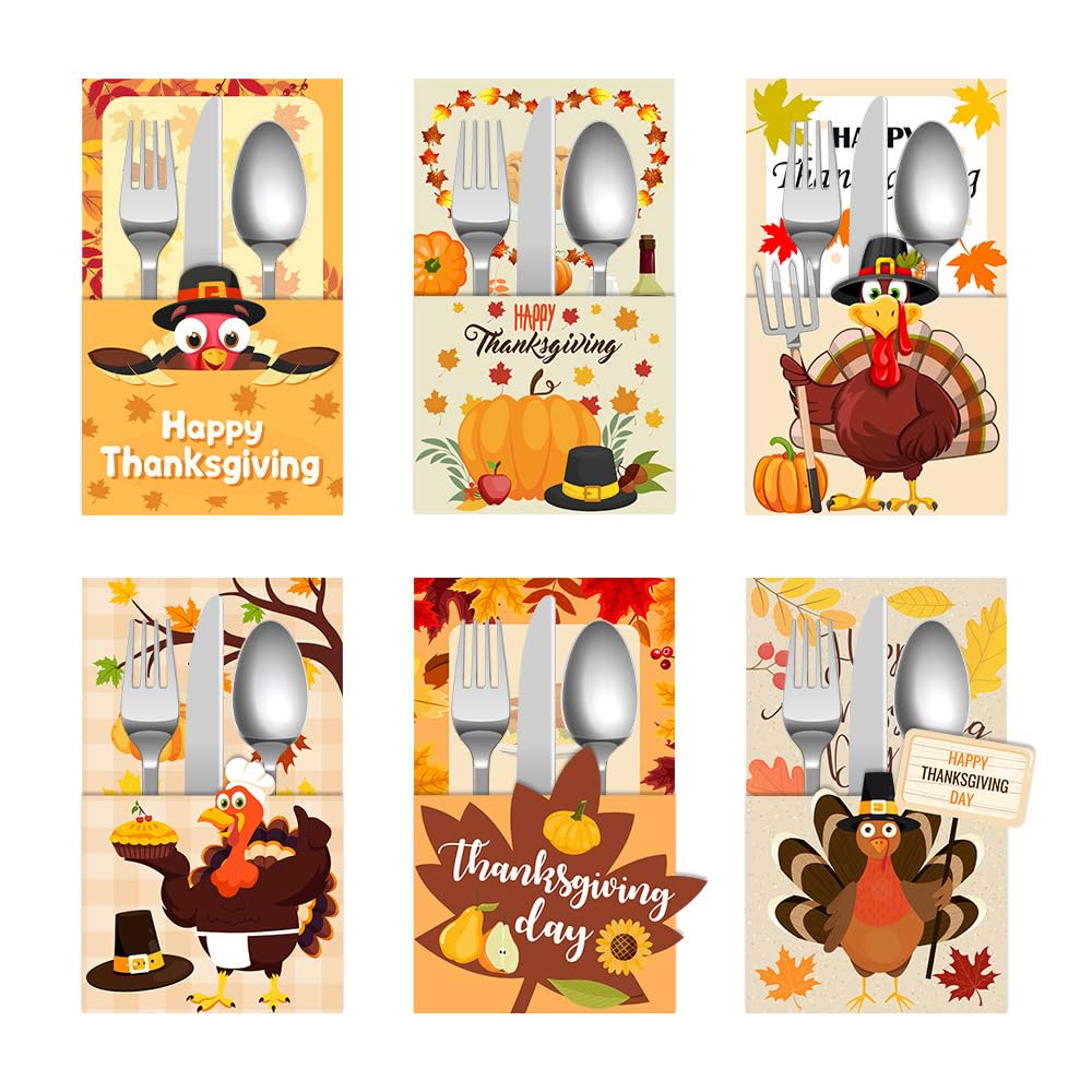 6pcs Thanksgiving Cutlery Holder Set Turkey Utensil Holder Thanksgiving Table Decoration For Autumn Fall Harvest Party Table Supplies