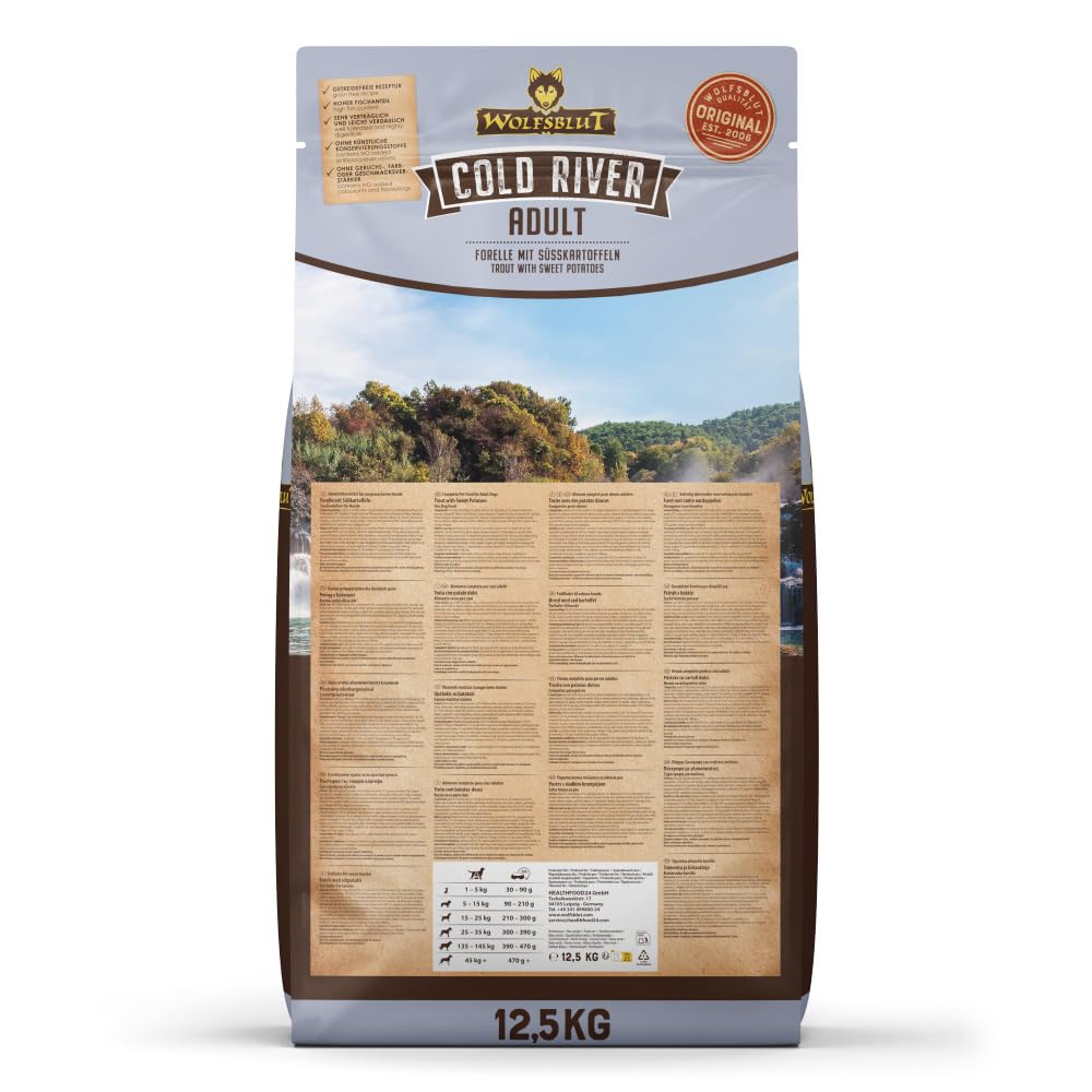 WOLFSBLUT – Cold River Adult | Trockenfutter mit natürlichen Zutaten und wertvollen Superfoods für ausgewachsene Hunde. Getreidefreies Alleinfutter ohne Zusatzstoffe im Beutel | 12,5kg Forelle