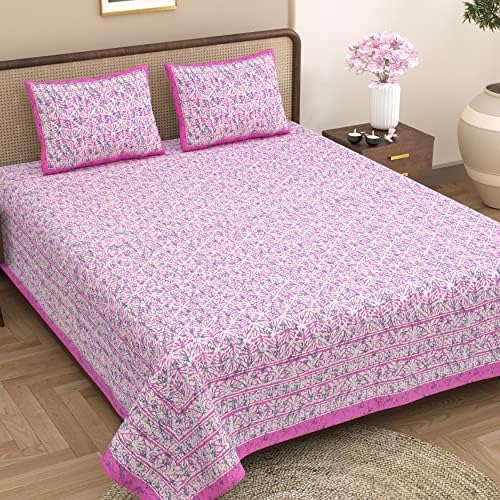 Image of Opulent Collection Double Bedsheet with 2 Pillow Cover | 100% Cotton Bedsheets for Double Bed | Handloom Bedsheet | Size 86x90 inches | King Size (90X102 Inches) (Brilliant Rose, King)