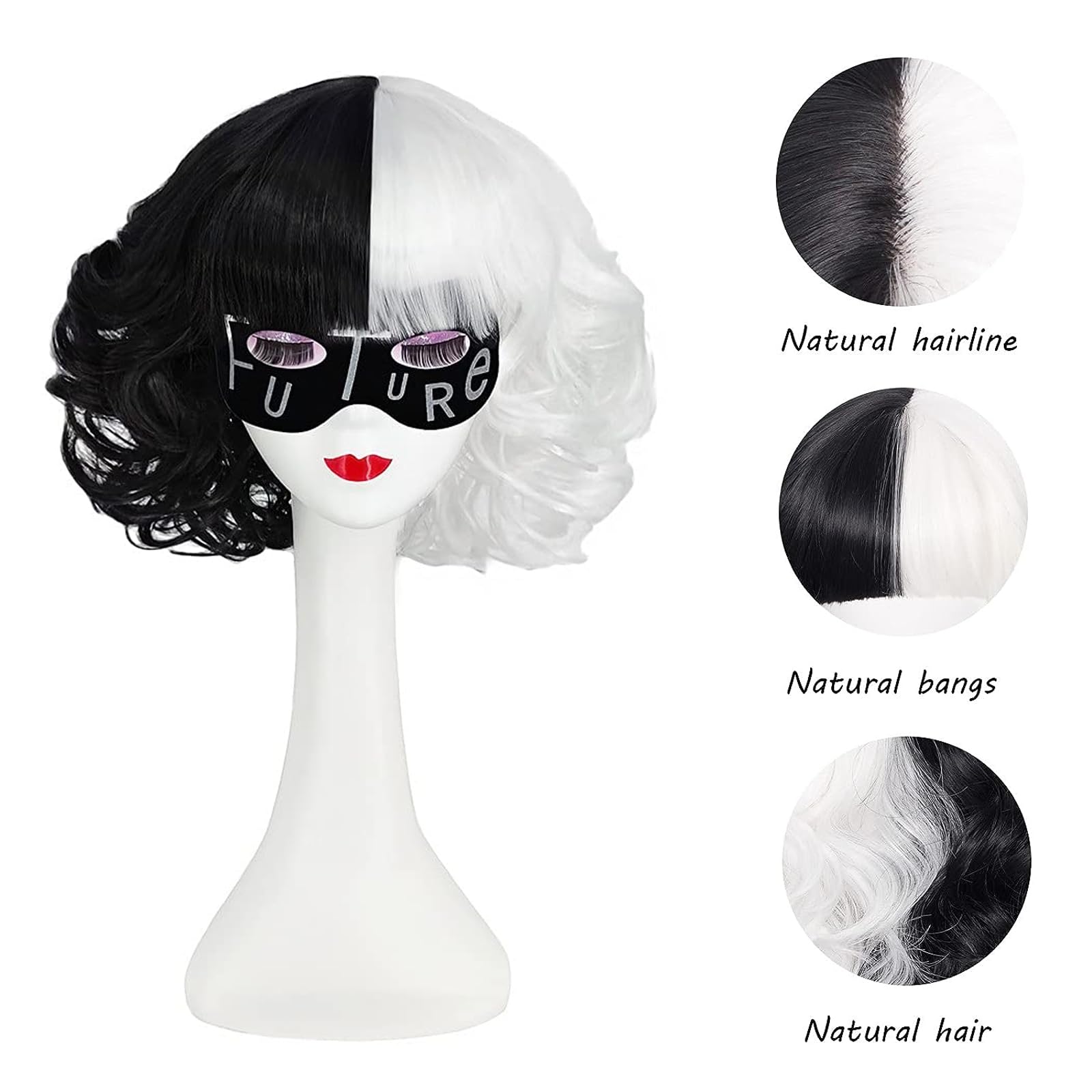 Set Costume Cruella Da Donna | 7 Accessori: Mantello A Pois, Parrucca B/n, Guanti, Collana E Maschera | Per Halloween E Cosplay