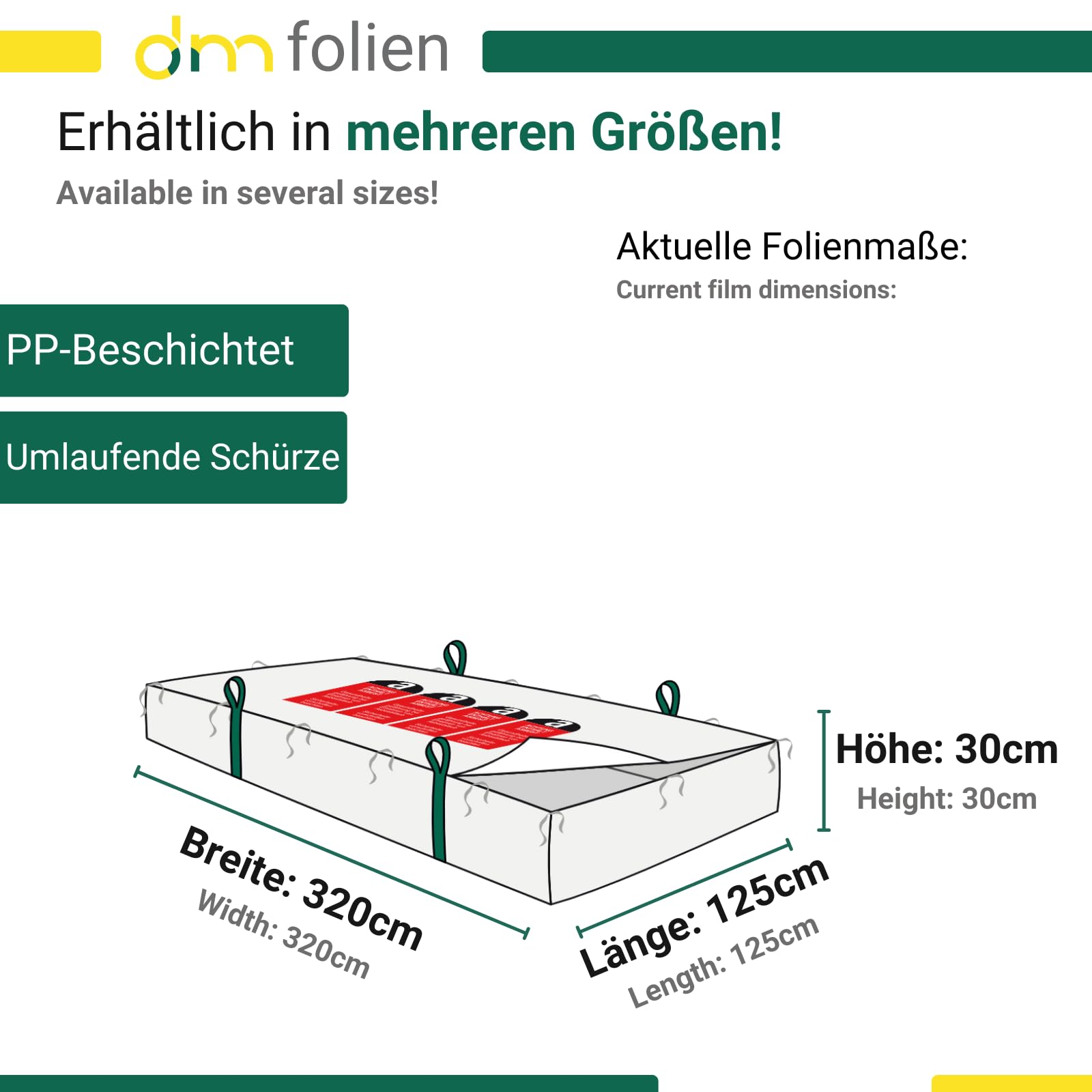 dm-folien Plattensack Asbest 320x125x30cm I 5 Stück I SWL 1.500 kg I Asbest Sack mit 4 Hebenschlaufen I Big Bags für Asbest I Big Bags Säcke mit Schürze I stabil & beschichtet