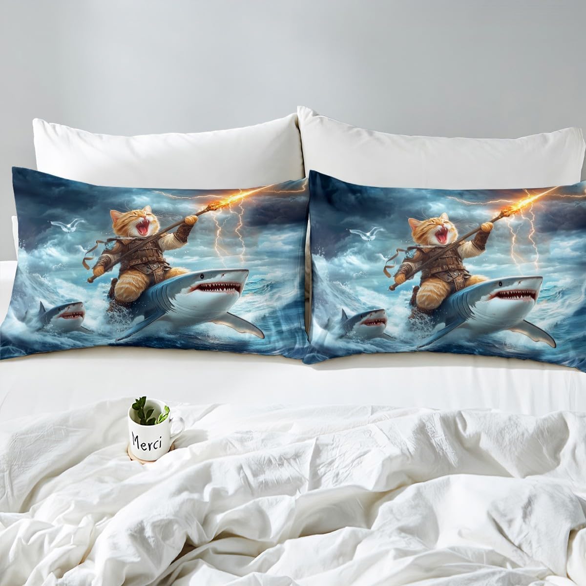 Cool Cat Kids Duvet Cover Set Queen Size,Seagull Shark Sea Ocean Animal Girls Boys Bedding Set,Lighting Art Fantasy Room Decor,Blue Yellow Quilt Cover,2 Pillowcases(No Comforter)