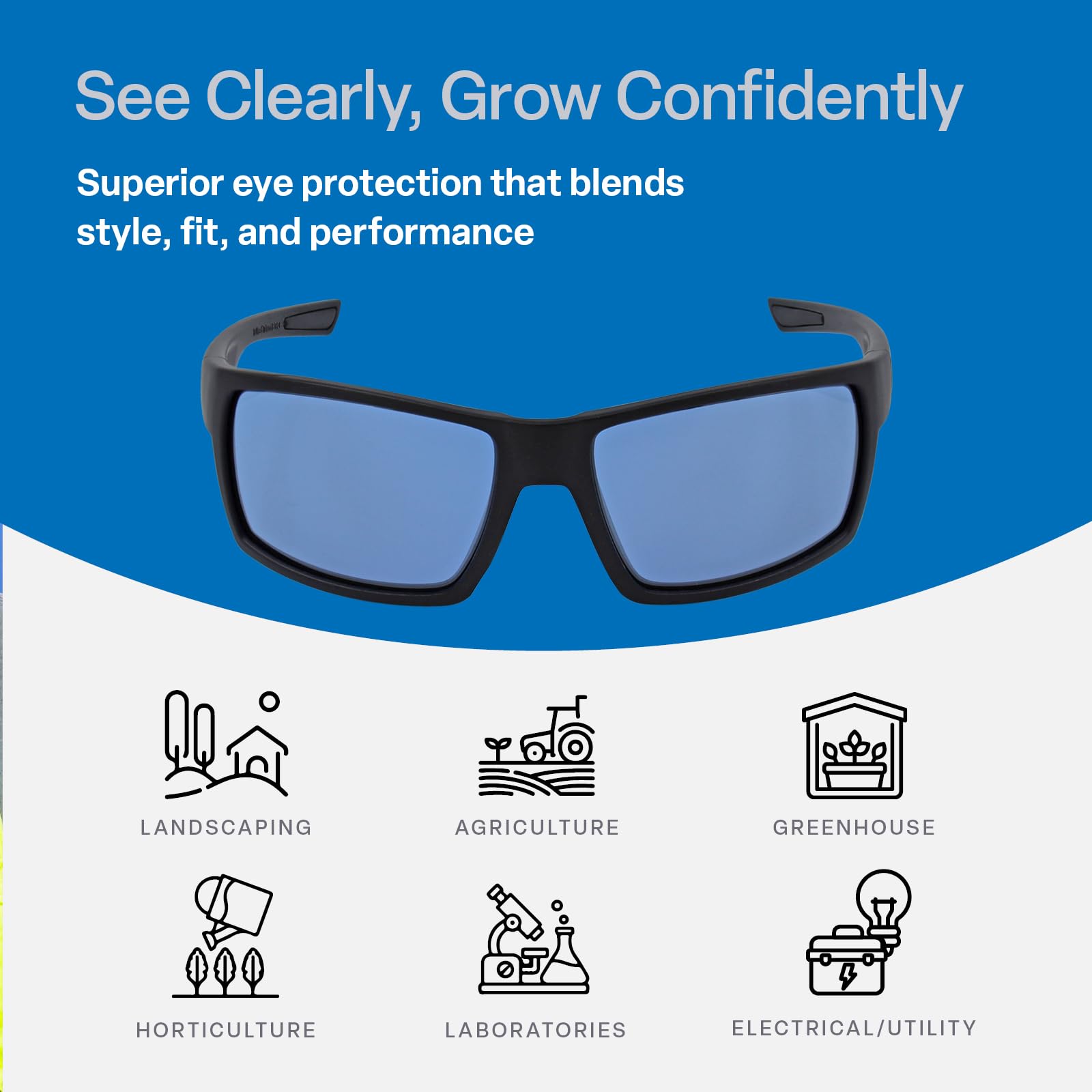 Bullhead Safety Sawfish - Gafas de cultivo con lentes bloqueadoras HPS, protección ocular completa para uso en horticultura y jardinería interior, lente azul con marco completo negro mate, talla única