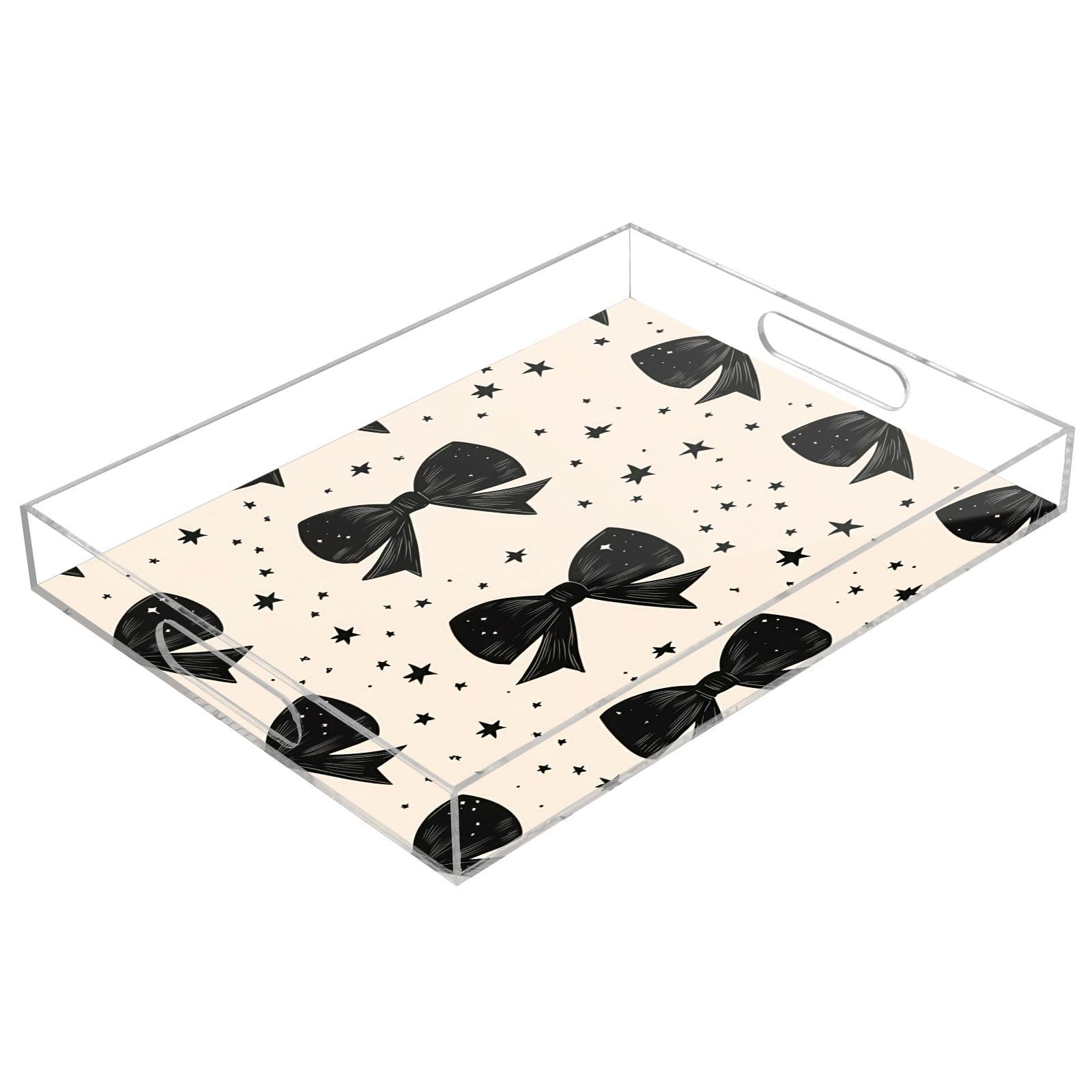 BOESI Graffiti Black Bow Acrylic Decorative Dining Tray, Acrylic Decorative Tray Organizer with Handle for Kitchen, Dining Room, Bathroom, Dresser