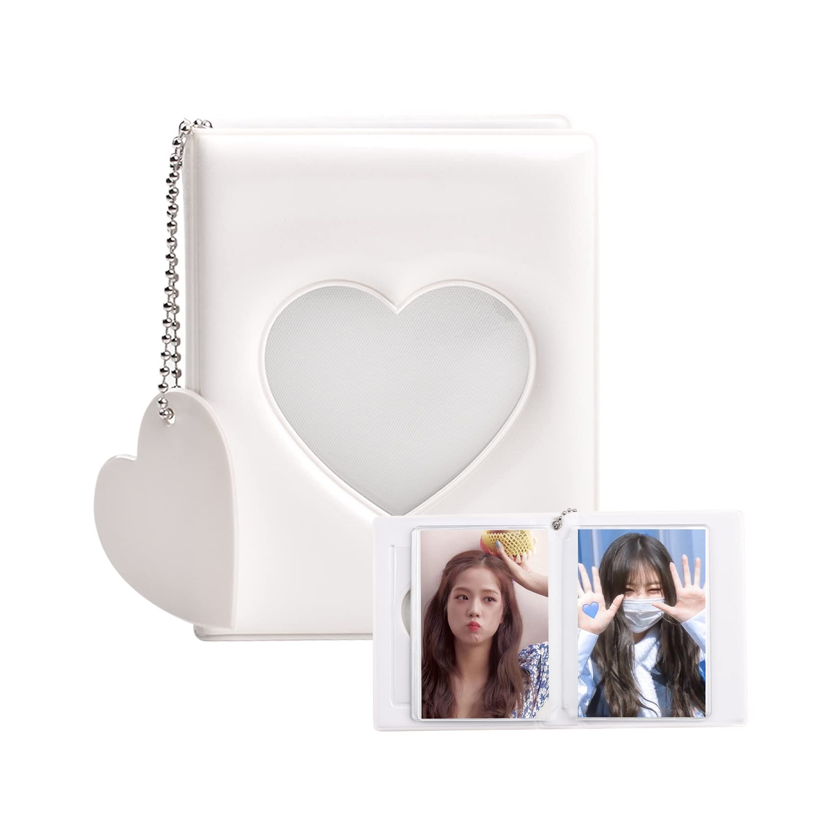 Jiayaus Mini Fotoalbum Kann 32 Blätter Speichern, Weißes Herz Kpop Photocard Binder mit Herz Anhänger, Fotoalbum Geeignet für Die Aufbewahrung von Idolen, Karten, Aufkleber