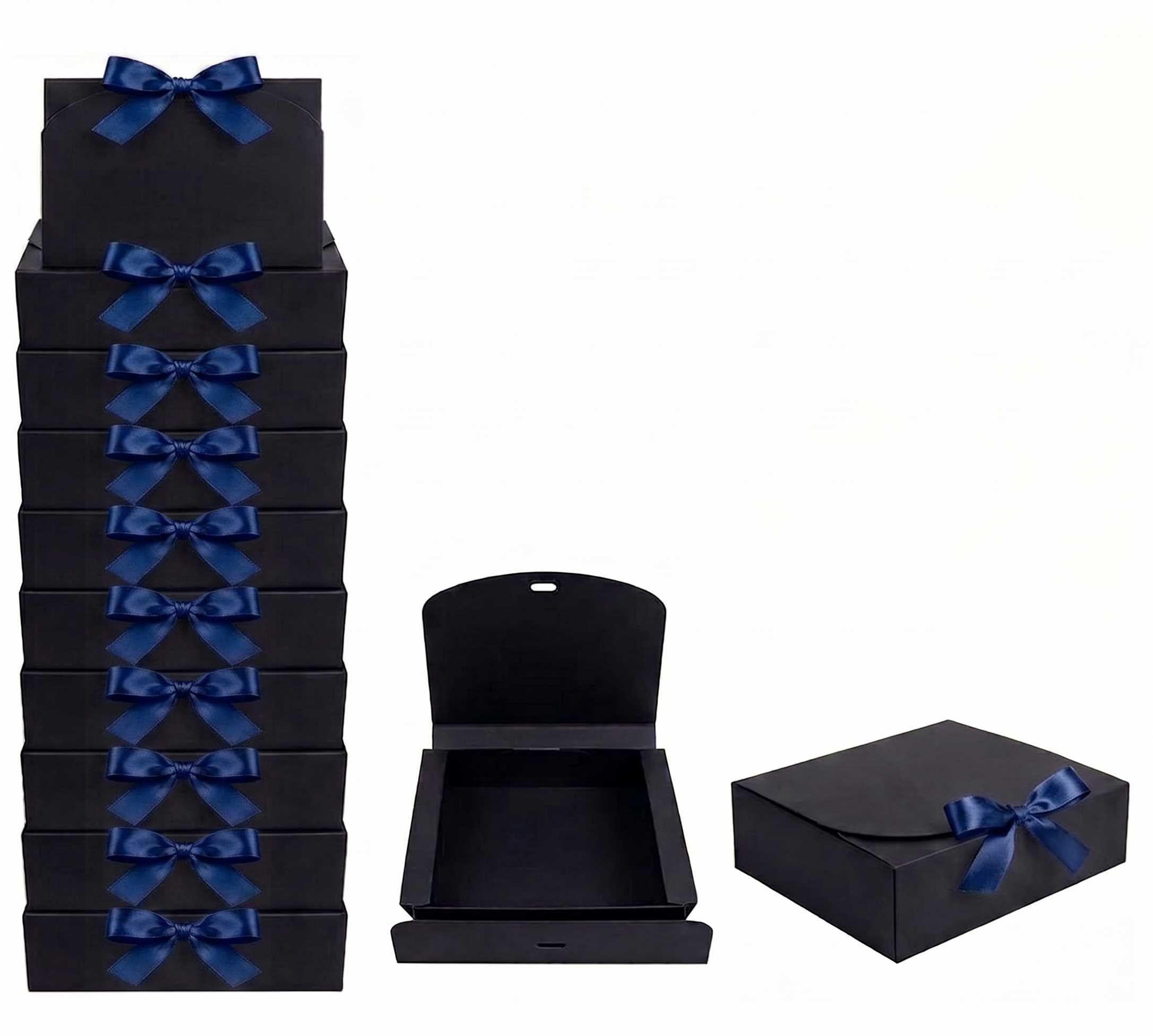 Emartbuy Black Kraft Gift Box with Dark Blue Ribbon – 31 x 25.5 x 8 cm – Fits Books, Photo Frames & Flat Gift Sets – Birthdays Weddings Christmas Corporate Gifting Trade Wholesale – Pack of 12