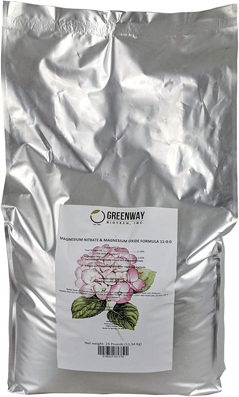 Greenway Biotech Brand Magnesium Nitrate and Magnesium Oxide Formula Fertilizer for Hydroponics and Soil (11-0-0) - 100% Water Soluble Promotes Plant Growth and Soil Health (2X 25 Pounds)