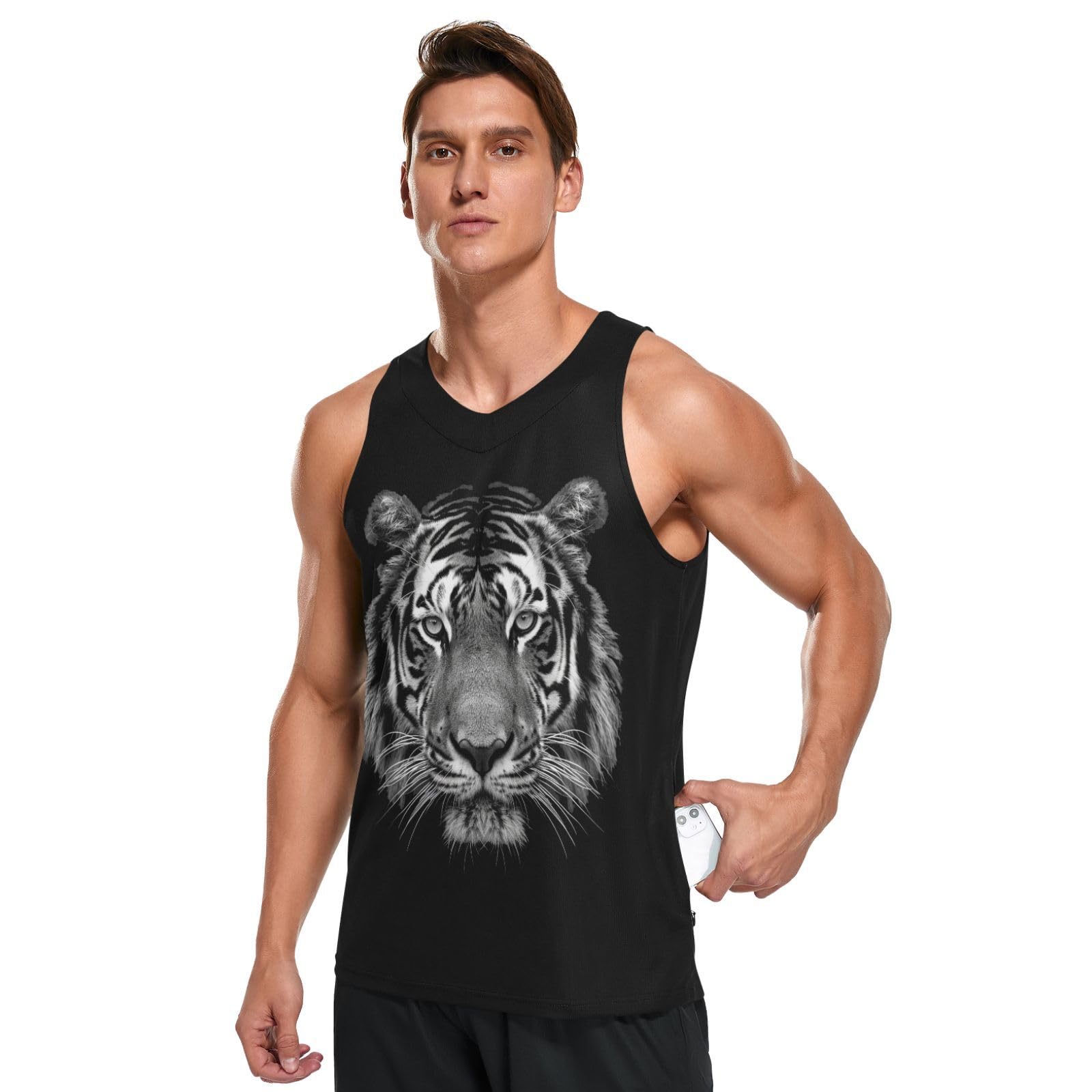JHKKU Men's Quick Dry Sports Tank Tops Athletic Gym Fitness Sleeveless Shirts for Beach Running Workout with Pocket, Tiger Black, Large