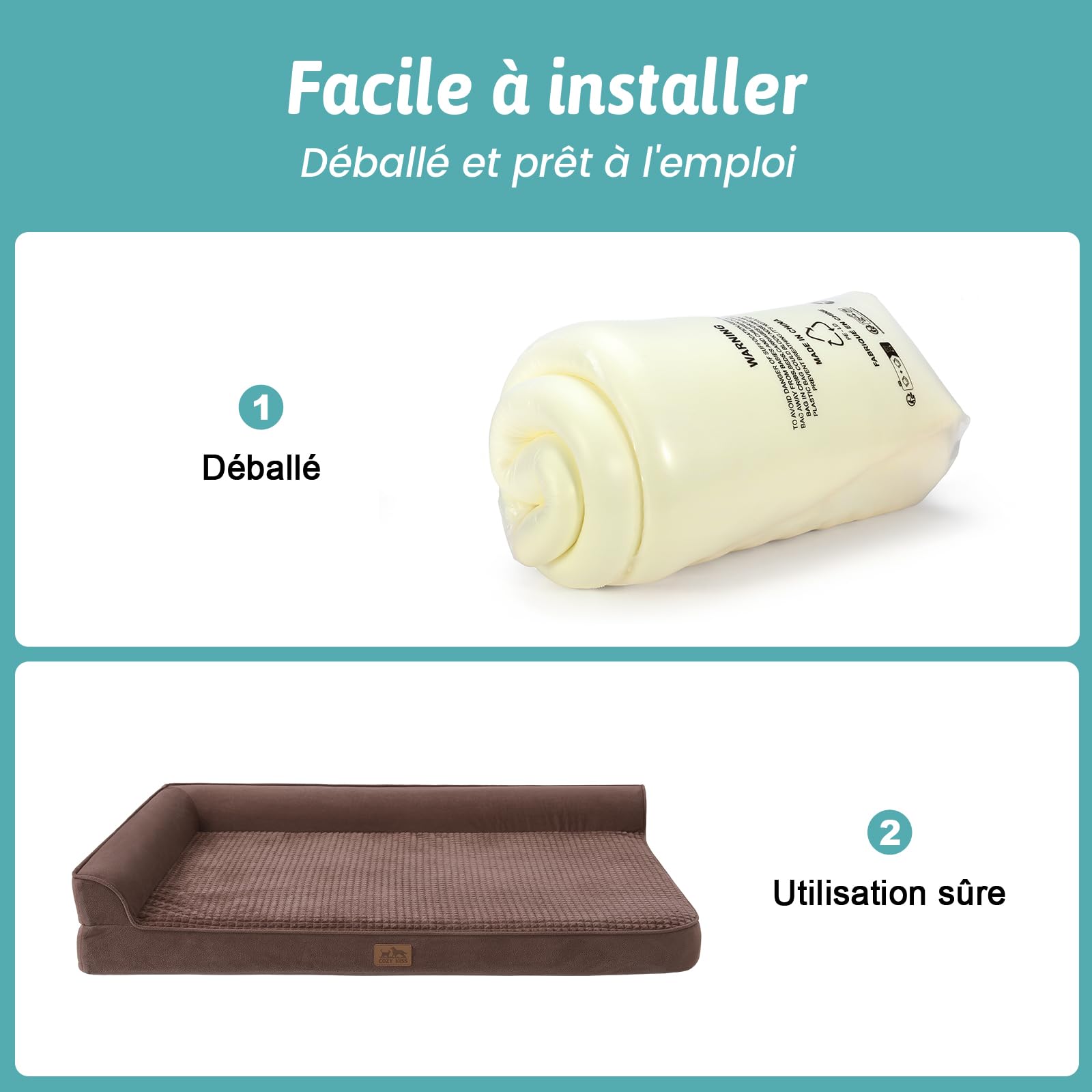 COZY KISS Canapé Chien Orthopedique Dehoussable Grande Taille L 107cm