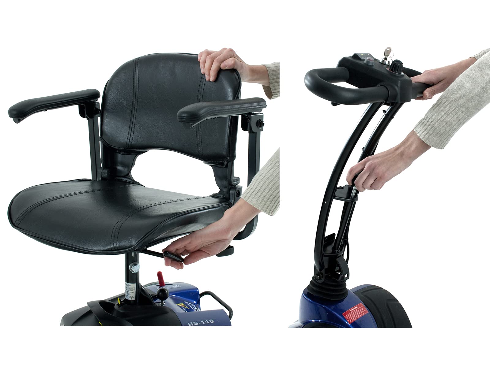 QUIRUMED - Scooter Movilidad Reducida Plegable | 4 Ruedas Macizas | Batería Recargable Extraíble | Reposabrazos Abatibles y Ajustables | Desmontable para Transporte, Azul (BU1)