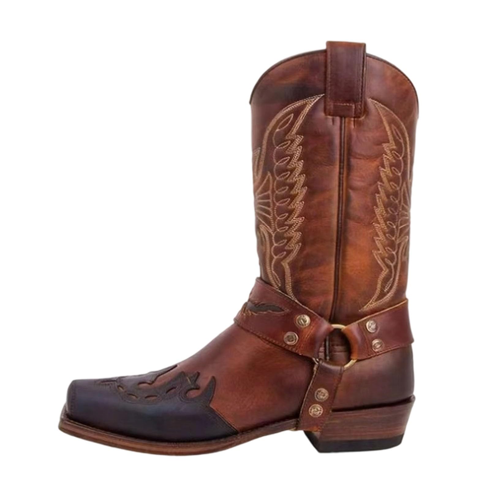Generisch Herren Cowboystiefel, breit, klassisch, Vintage, mittlere Wade, Westernstiefel, Stickerei, spitzer Zehenbereich, Blockabsatz, Schlupfstiefel, Lange Stiefel
