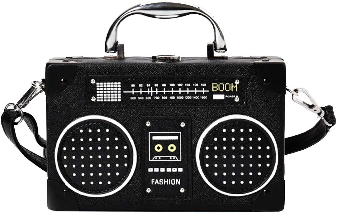 Vintage Radio Recorder Clutch Handbag Leather Top Metal Handle Crossbody Small Box Bag Shoulder Bag