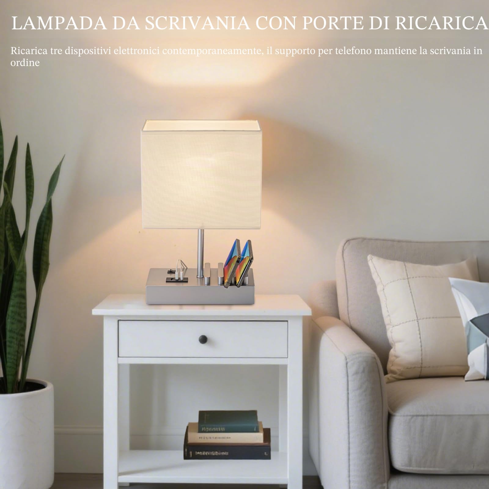 Briever Lampada da comodino USB, lampada da scrivania con 3 porte di ricarica USB e dock di ricarica per telefono, stazione di ricarica e organizer in legno, luce perfetta per camera da letto