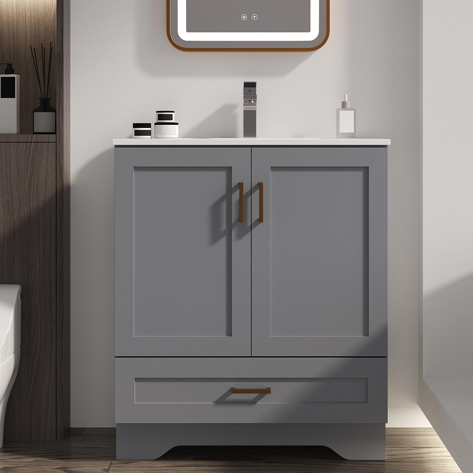 30 inch Bathroom Vanity with Sink, Modern Grey Vanity for Bathroom with Undermount Ceramic Sink, Freestanding 2-Door & 1-Drawer Storage Cabinet, for Small Bathroom Space, (Grey, 30")