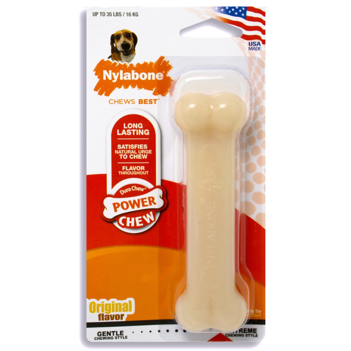 Nylabone Juguete masticable para higiene Dental en Forma de Hueso para Perros con mordida agresiva, Sabor a Mantequilla de Cacahuete, para Perros Adultos de hasta 16 Kilos 74 g