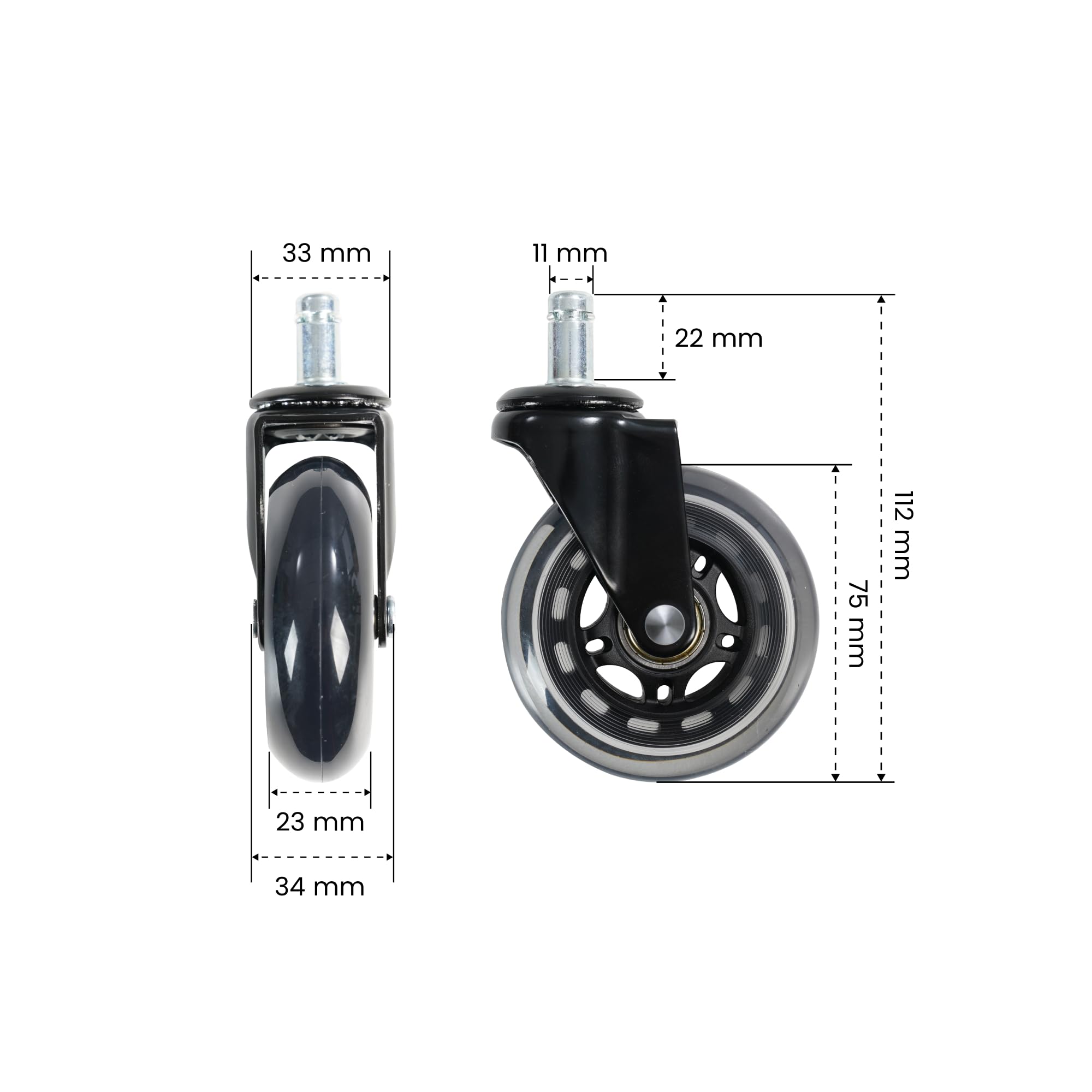 FLEXISPOT Set di 5 Ruote per Sedia da Ufficio, Ruote Silenziose in Gomma 11x22 mm, Rotelle per Pavimenti Duri Parquet Laminato Vinile Piastrelle, Ideali per Sedia da Scrivania e Gaming