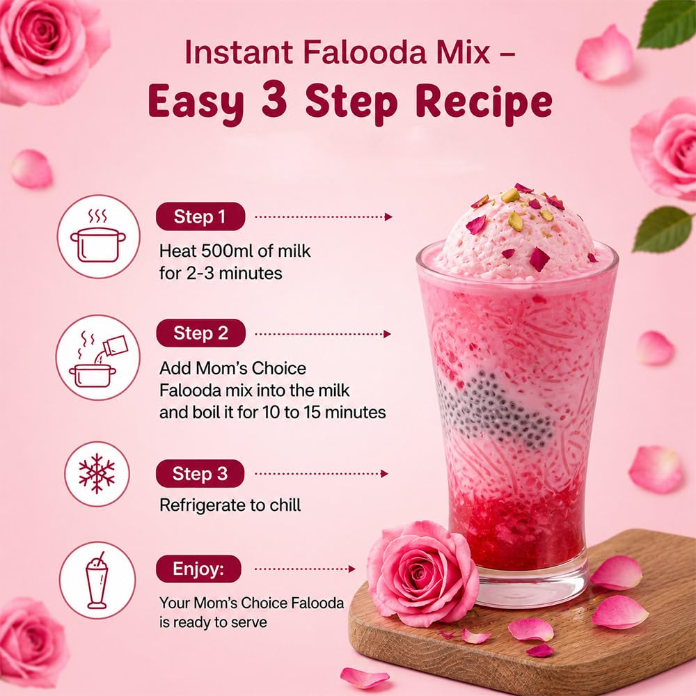 Mom’s Choice Instant Falooda Mix | Rose Flavour | Thick, Smooth & Creamy Texture | Tasty & Refreshing | Dessert Mix | Ready to Make | Pack of 3 | 200g x 3 2